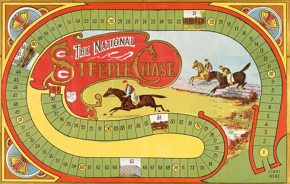 Colour illustration of a steeple chase with 3 horses and riders