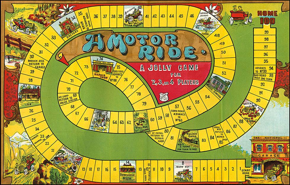 Board game illustrated with vintage cars and buildings