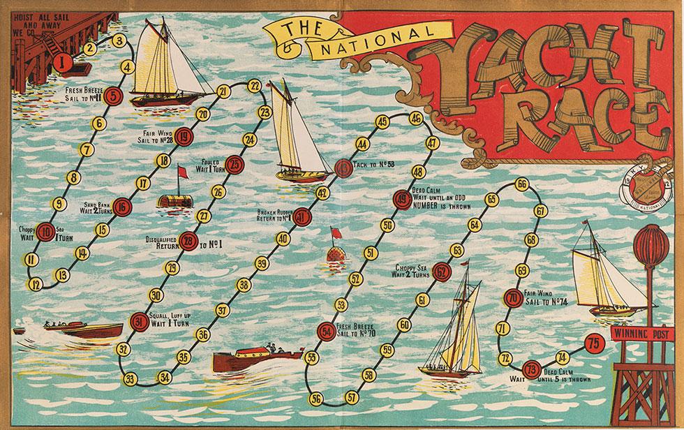 Board game illustration showing 4 yachts with a tacking path from start to finish.