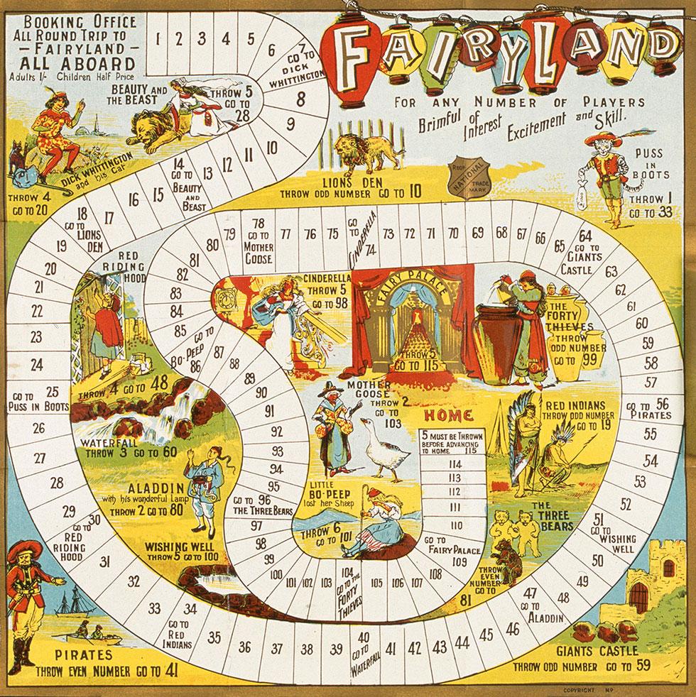 Board game illustrated in colour with characters from childrens stories and fables