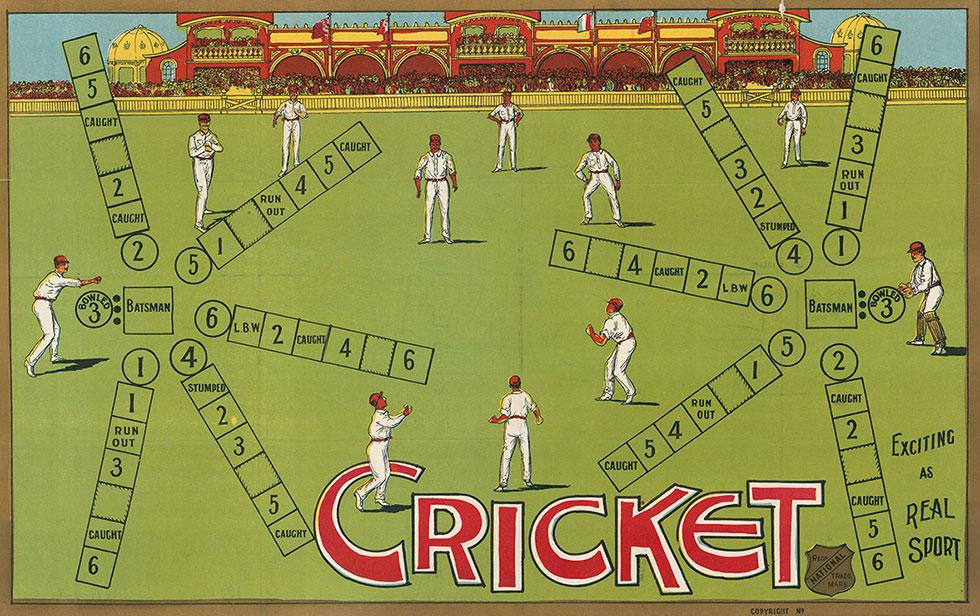 Coloured drawing of cricketers on a pitch with a pavilion in the background.