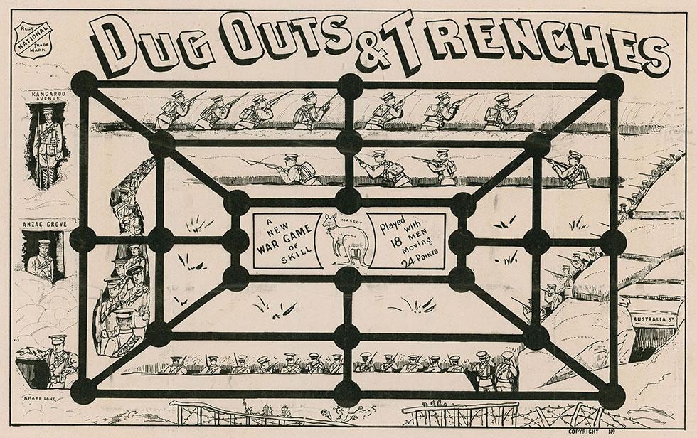 Board game well illustratied with soldiers in trenches and circles joined with lines