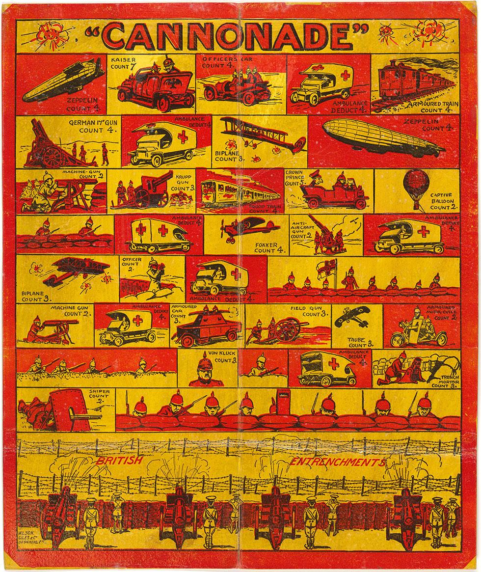 Red and yellow coloured board game with drawings of vehicles, aircraft, field ambulances and guns