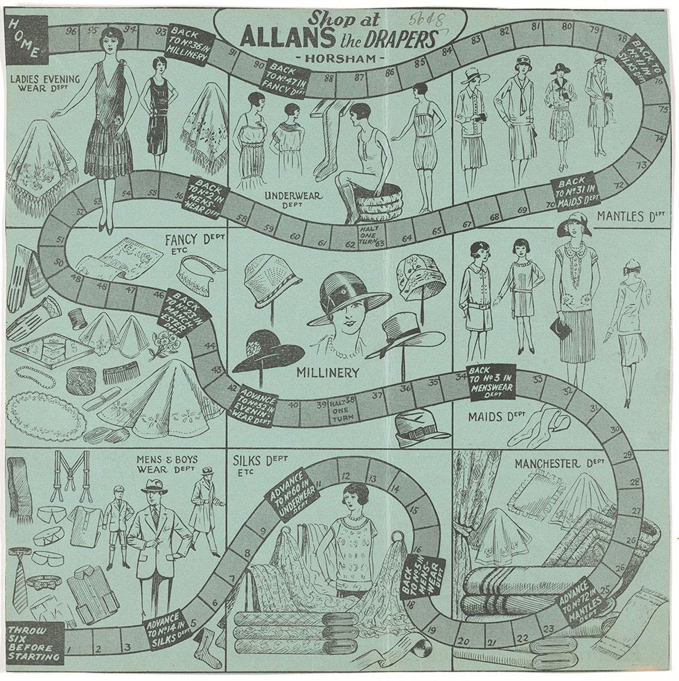 Shopping board game featuring illustrations of various clothing departments.