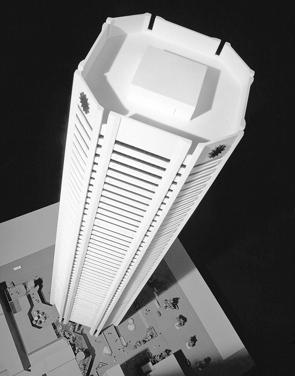 Architectural model of a high-rise building.