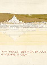 A colour illustration of the proposed Government Group of buildings by Marion Mahoney Griffin