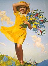 Girl in a yellow dress holding Australian flowers