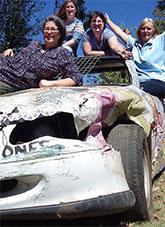 Local CWA members at the demolition derby at the Kyogle Show in NSW. (Front:) Odette Nettleton; (back): Jackie Horder, Maggie May, Anne Kotz, 2016. Daily Telegraph, Photographer: Susanna Freymark