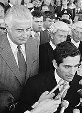 Gough Whitlam on the steps of Parliament House as the proclamation dissolving both houses of parliament is read.