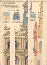 Coloured drawing detail of building elevations and section.