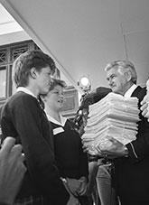 School children presenting a petition outside parliament house to Bill Hayden, Prime Minister Bob Hawke and Senator Tate.