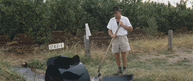 Dethridge irrigation wheel being used to measure water flow.