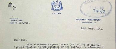 Reply to Prime Minister Robert Menzies' invitation to a conference on 'native welfare'