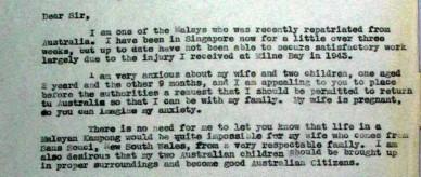 Copy of a letter to the Australian Commissioner for Malaya, Singapore.