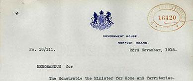 Armistice celebrations on Norfolk Island - letter from Administrator.
