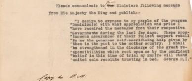 This is a copy of the decoded cablegram King George V sent to Dominion prime ministers.