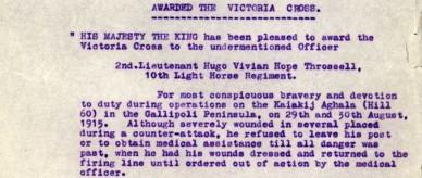 Notification of Captain Hugo Throssell's Victoria Cross, 1916.