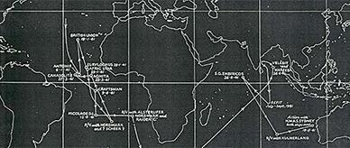 A nautical chart showing the route of the German auxiliary cruiser Kormoran.