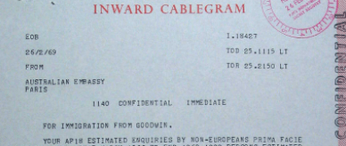 Department of External Affairs inward cablegram: reply to a query about ineligible non-Europeans.
