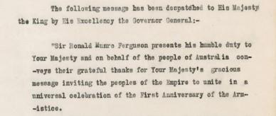 The Australian Governor-General responds to the King's message regarding Armistice Day.