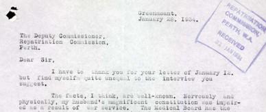 Letter from wife of returned soldier Throssell to the Repatriation Commission.
