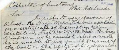 Letter to Collector of Customs, Port Adelaide
