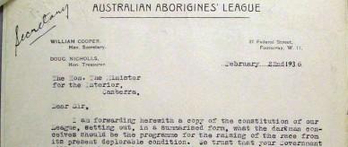 Letter from William Cooper to Minister for the Interior