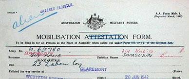 Mobilisation form for Samsudin bin Katib with Alien written in top