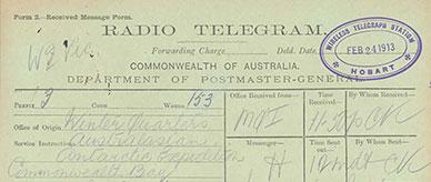 Radio message from Douglas Mawson to Governor-General Lord Denman.