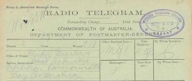 Radio telegram from Douglas Mawson to Professor Edgeworth David.