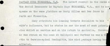 Report on Hugo Throssell and socialist connection.
