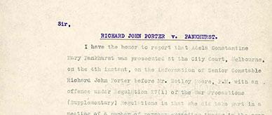 Report on the arrest of suffragette Adela Pankhurst for anti-war protest.