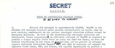 Secret memorandum for Cabinet on compulsory military service in 1964.
