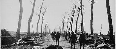 Soldiers walk past dead horses on the Menin Road, Belgium.