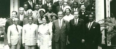 A group of people gathered on steps.