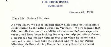 Letter to Prime Minister John Gorton from Lyndon B Johnson on the supply of sugar to United States during the Vietnam war.