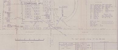 A plan drawing of Orange internment camp showing the arrangement of buildings.