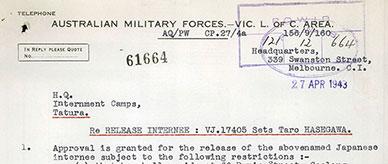 Approval for the release from internment of Taro Hasegawa.