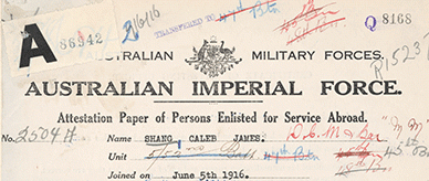 SHANG Caleb James : Service Number - 2504 : Place of Birth - Brisbane QLD : Place of Enlistment - Brisbane QLD : Next of Kin - (Mother) SHANG Jane
