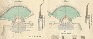 Hand-coloured and drawn plan with elevations