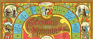 Courtship and marriage illustrated boardgame coloured gold, red, green and blue.