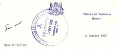 Typed letter from Tasmanian Premiere Robin Gray. 