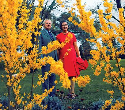 Gough and Margaret Whitlam standing near yellow flowering shrubs.