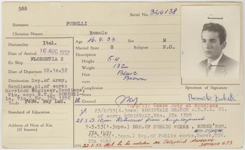 Romolo Fubelli's migration card, 1953.