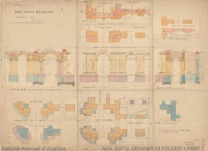 Coloured drawing of building arch and wall detail.