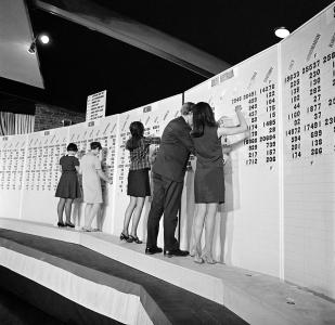 People standing on a raised platform before a tally board.