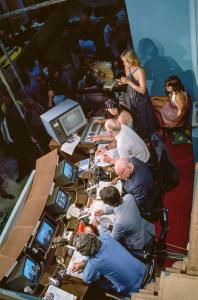 News desk with monitors and auto queue operator.