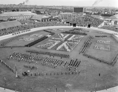People assembled to represent ER and the British flag.