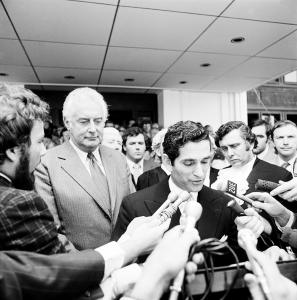Gough Whitlam with media