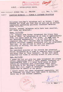 ABC inter-office memo about Election material viewer and listener reaction.
